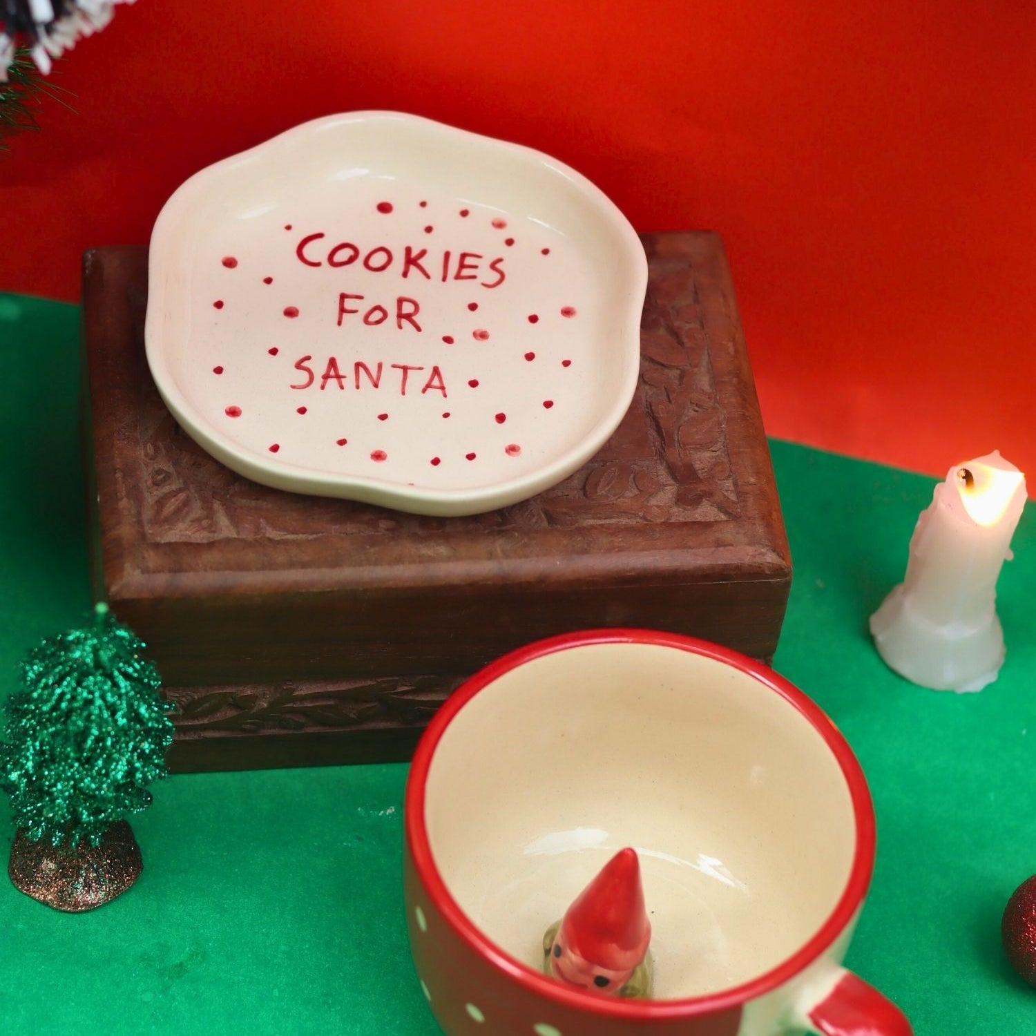 Handmade Set of 2 - Santa in a mug & Cookies for Santa Dessert plate