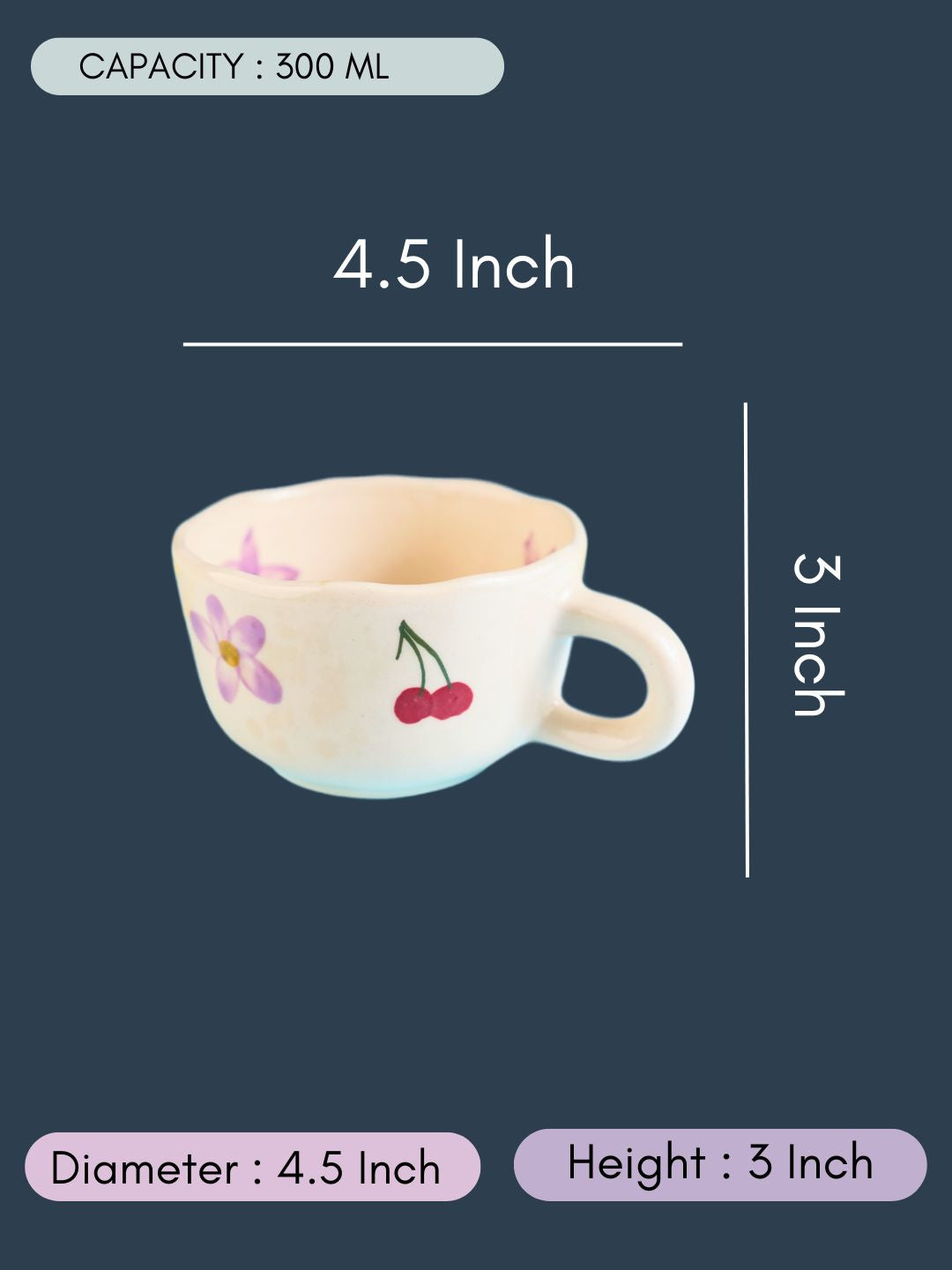 Cherry Fields Mug with all measurements