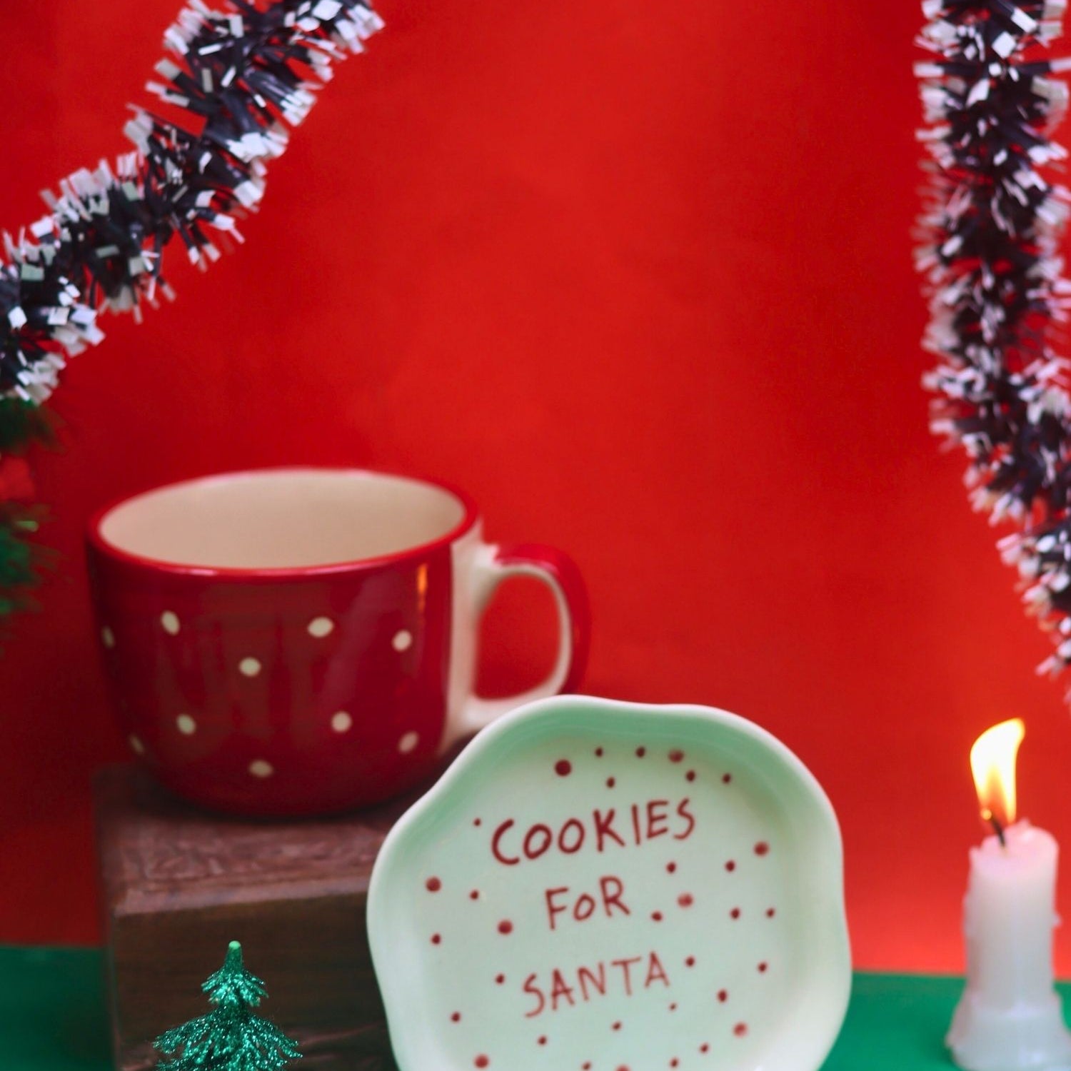 Set of 2 - Santa in a mug & Cookies for Santa Dessert plate made by ceramic