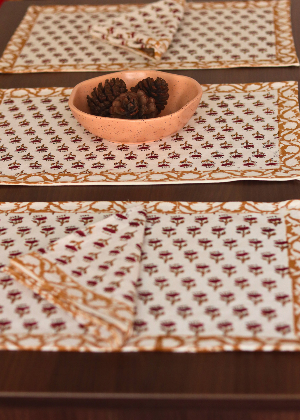 Orange & maroon floral printed table mat & napkin 