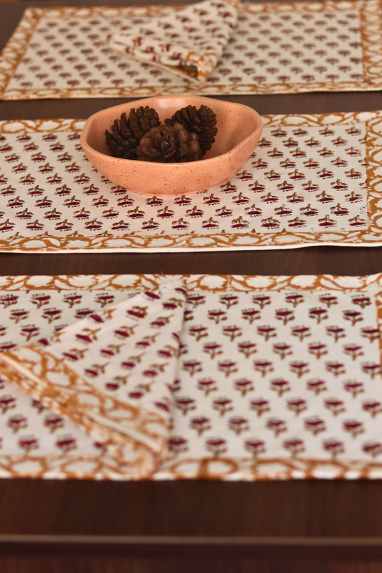Orange & maroon floral printed table mat & napkin 