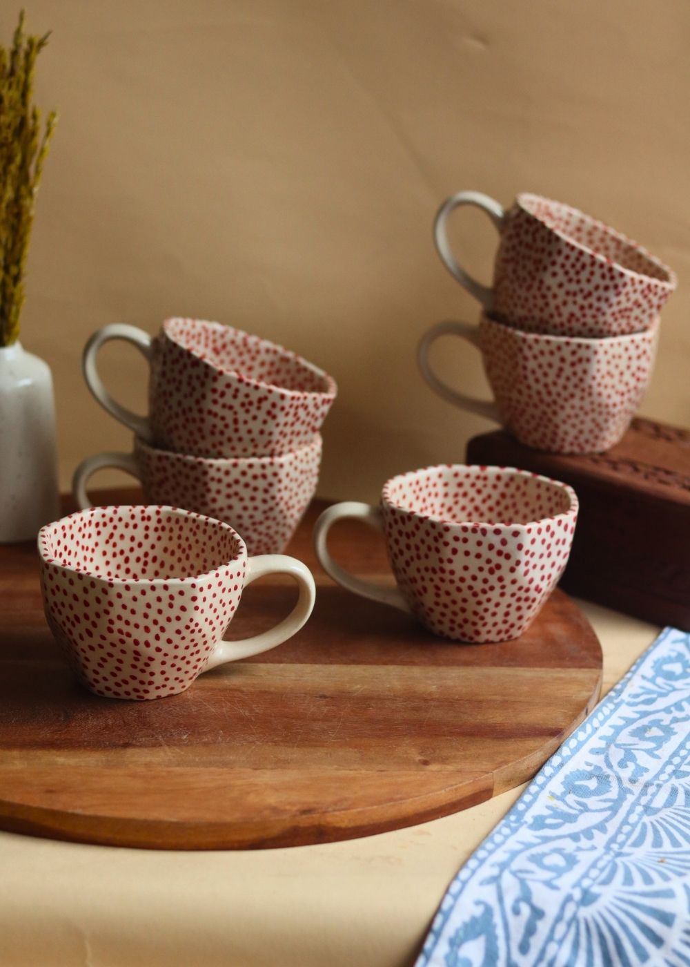 Handmade Deep Red Polka Mugs  - Set of 6