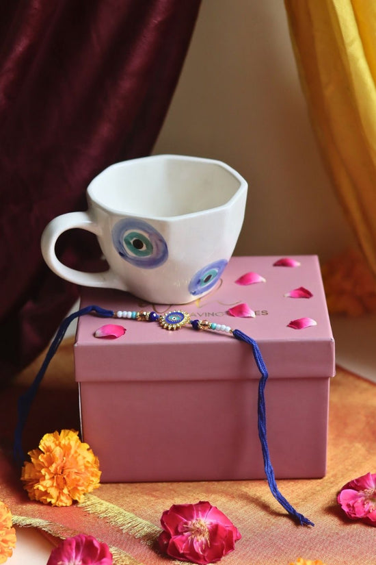 Handmade Evil Eye Mug in a Gift box with Rakhi