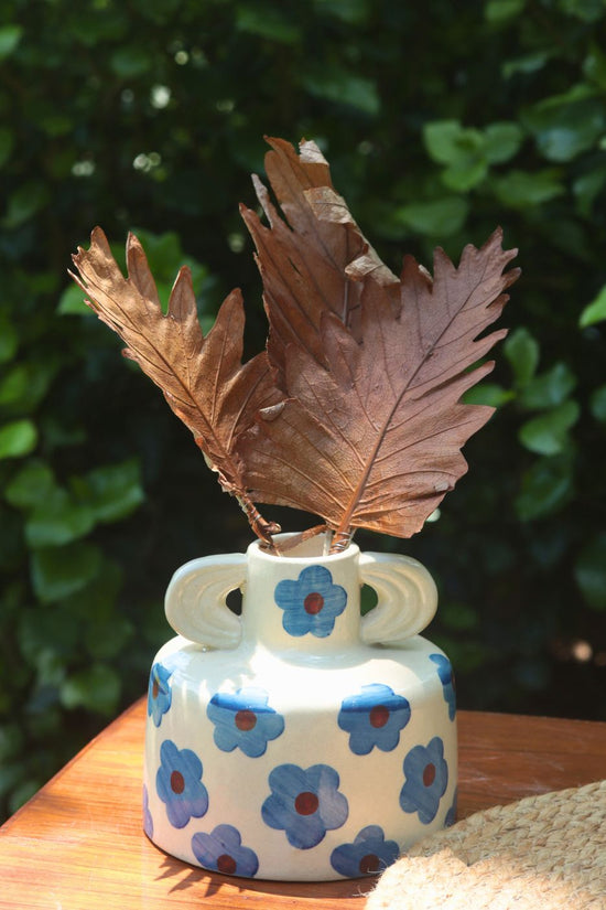 Blue Floral Print Ceramic Vase handmade in india