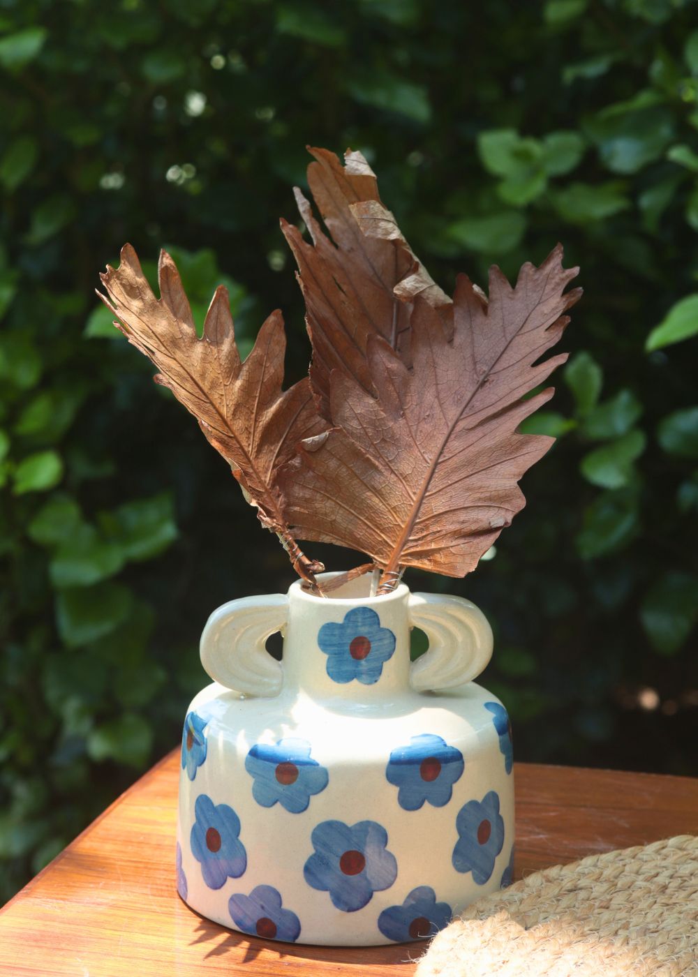 Blue Floral Print Ceramic Vase handmade in india