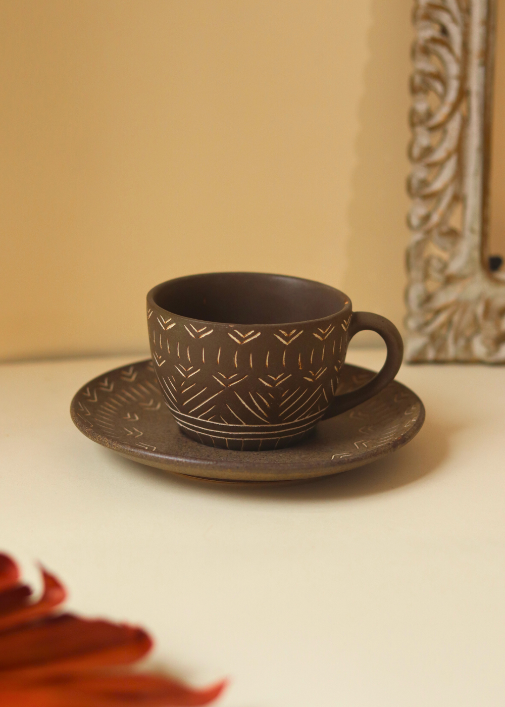 Drinkware brown carved cup and saucer 