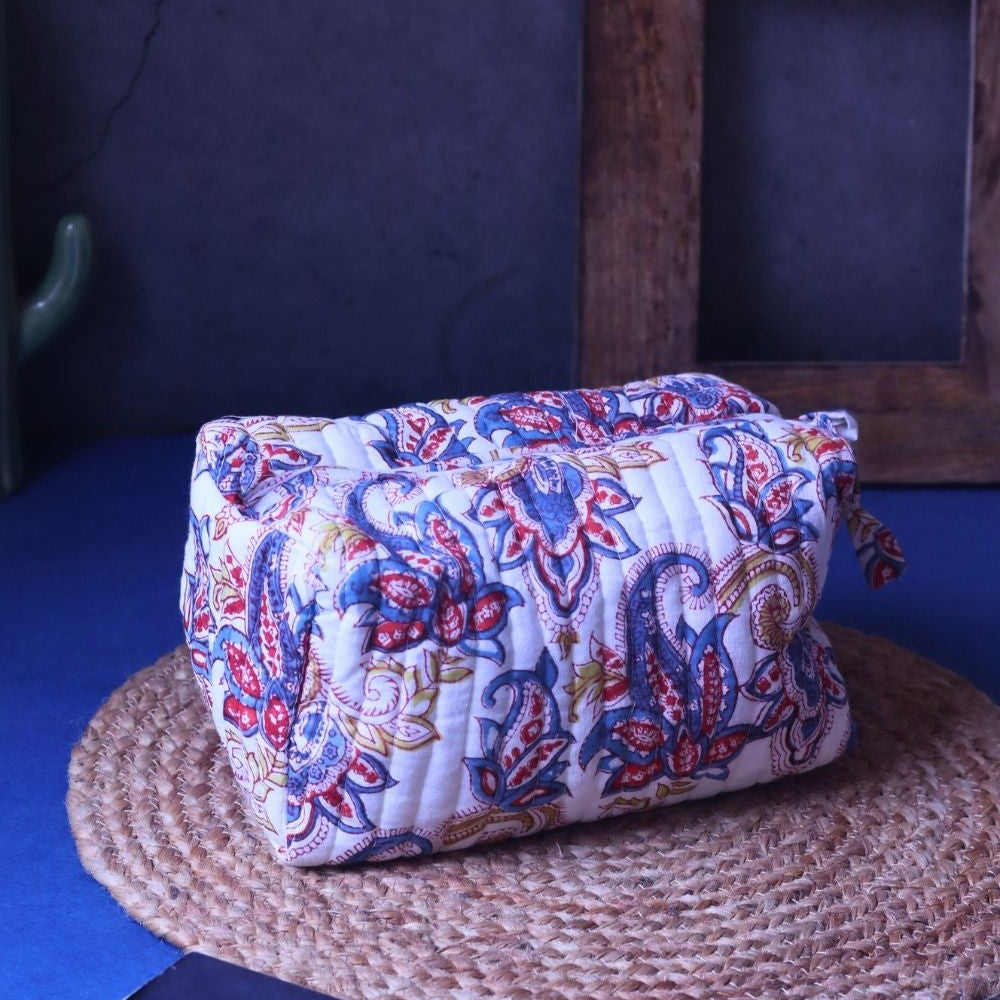 Handmade White Paisley Toiletry Bag - Medium