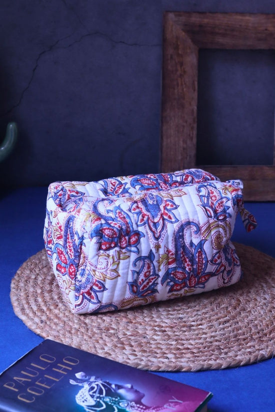 Handmade White Paisley Toiletry Bag - Medium