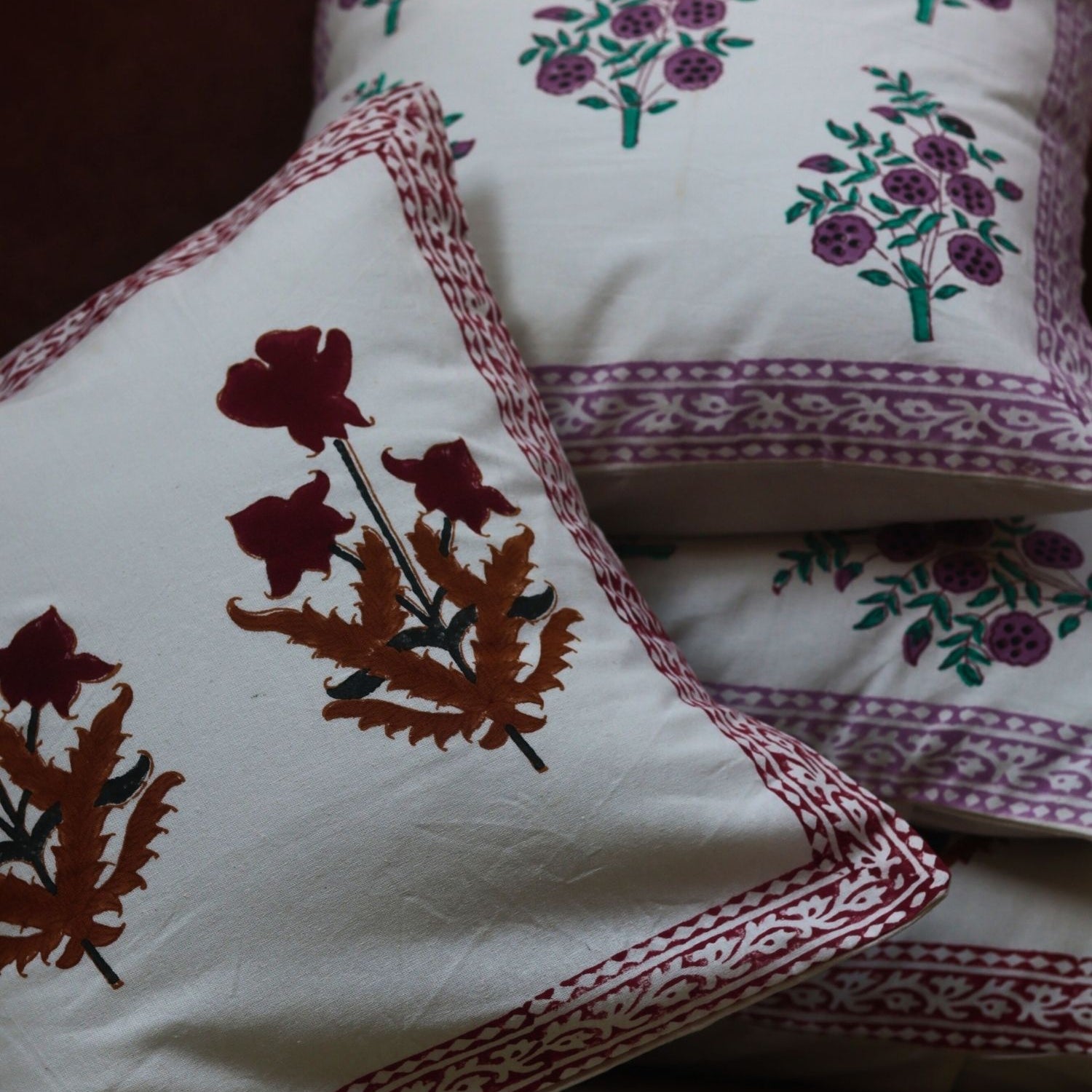 handmade Maroon Floral & Purple Floweret Cushion Cover combo