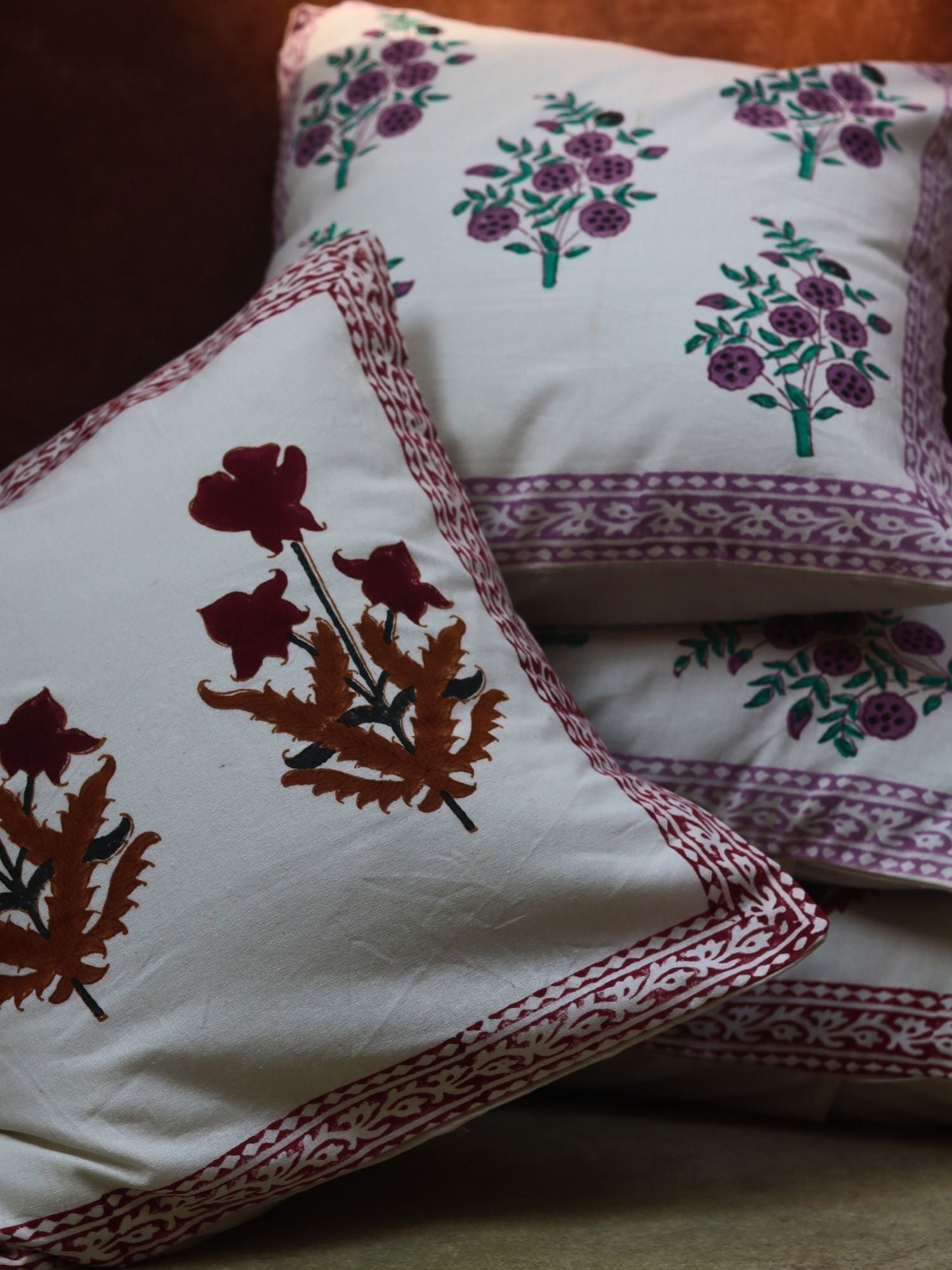 handmade Maroon Floral & Purple Floweret Cushion Cover combo