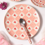 handmade chequered heart dinner plate with chequered heart spoon