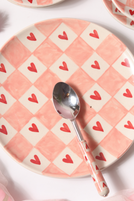 handmade chequered heart dinner plate with chequered heart spoon