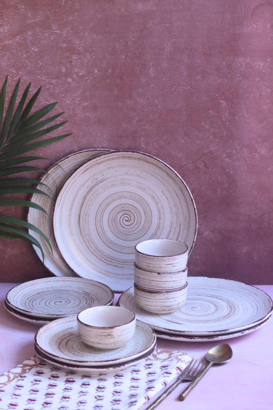 Set of 8 - Brown & White Dinner Set handmade in India