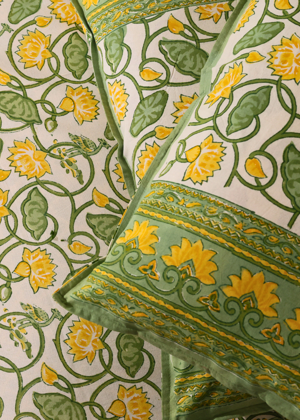 Green & Yellow Floral Block Printed Bedsheet