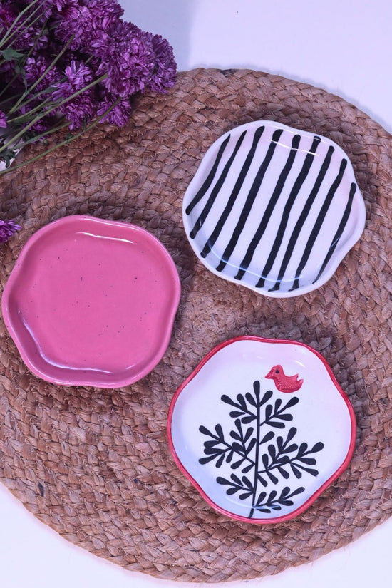 Handmade Birdie, Roses & Salmon Pink Handmade Dessert Plate - Set of 3