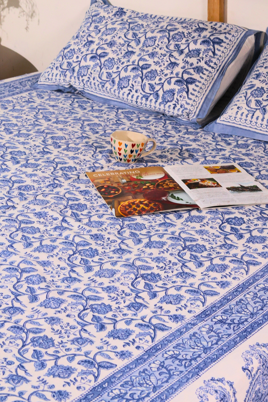 Blue & white paisley block printed bedsheet