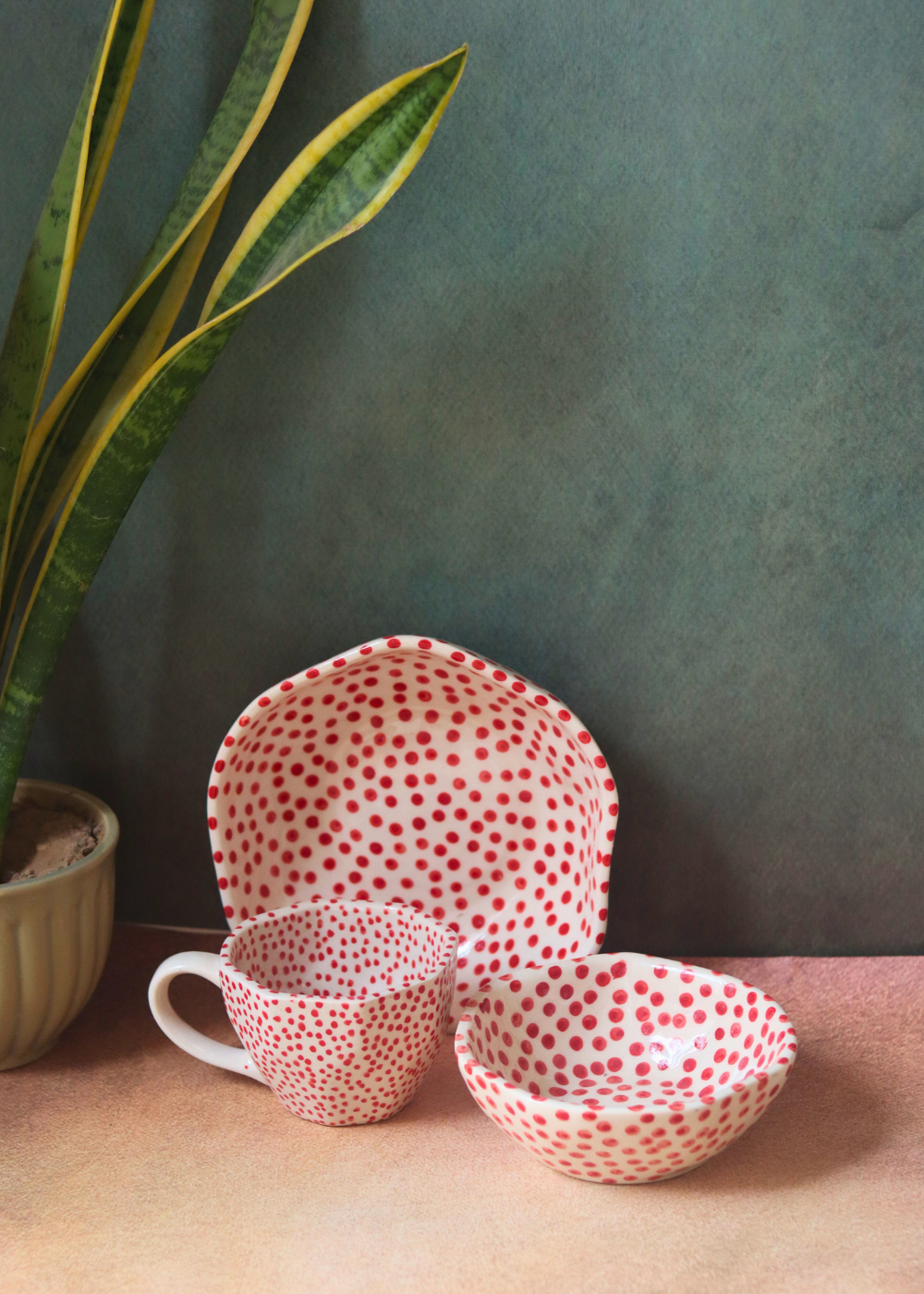 Handmade ceramic red & white bowls & coffee mug