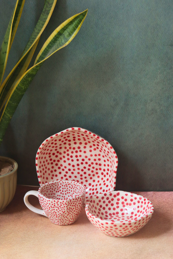 Handmade ceramic red & white bowls & coffee mug