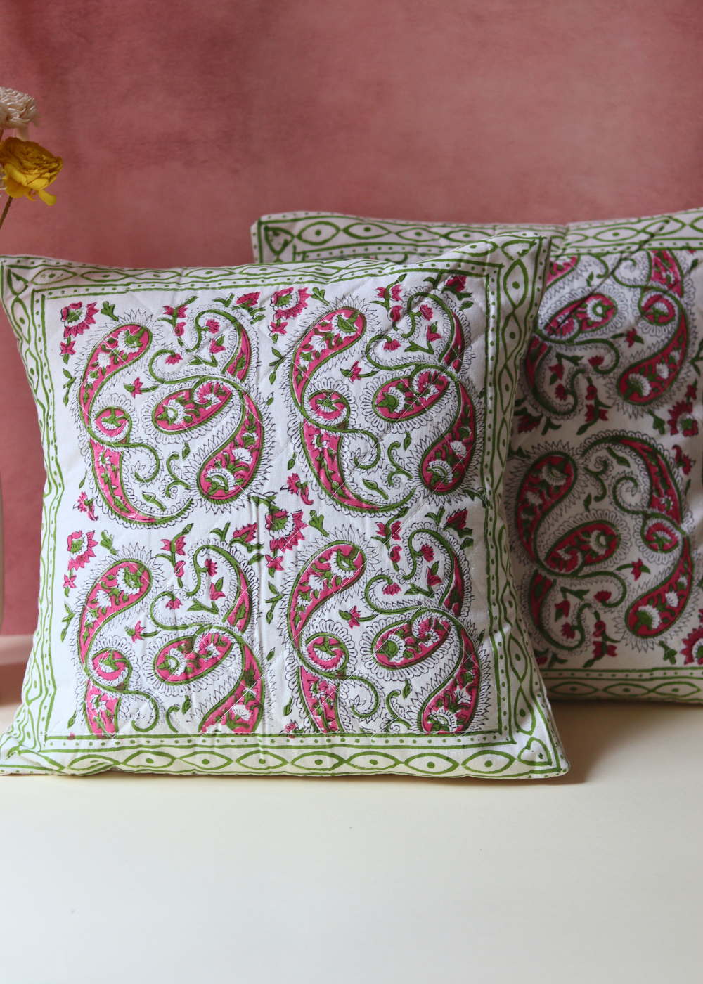 Green & maroon quilted block printed cushions 