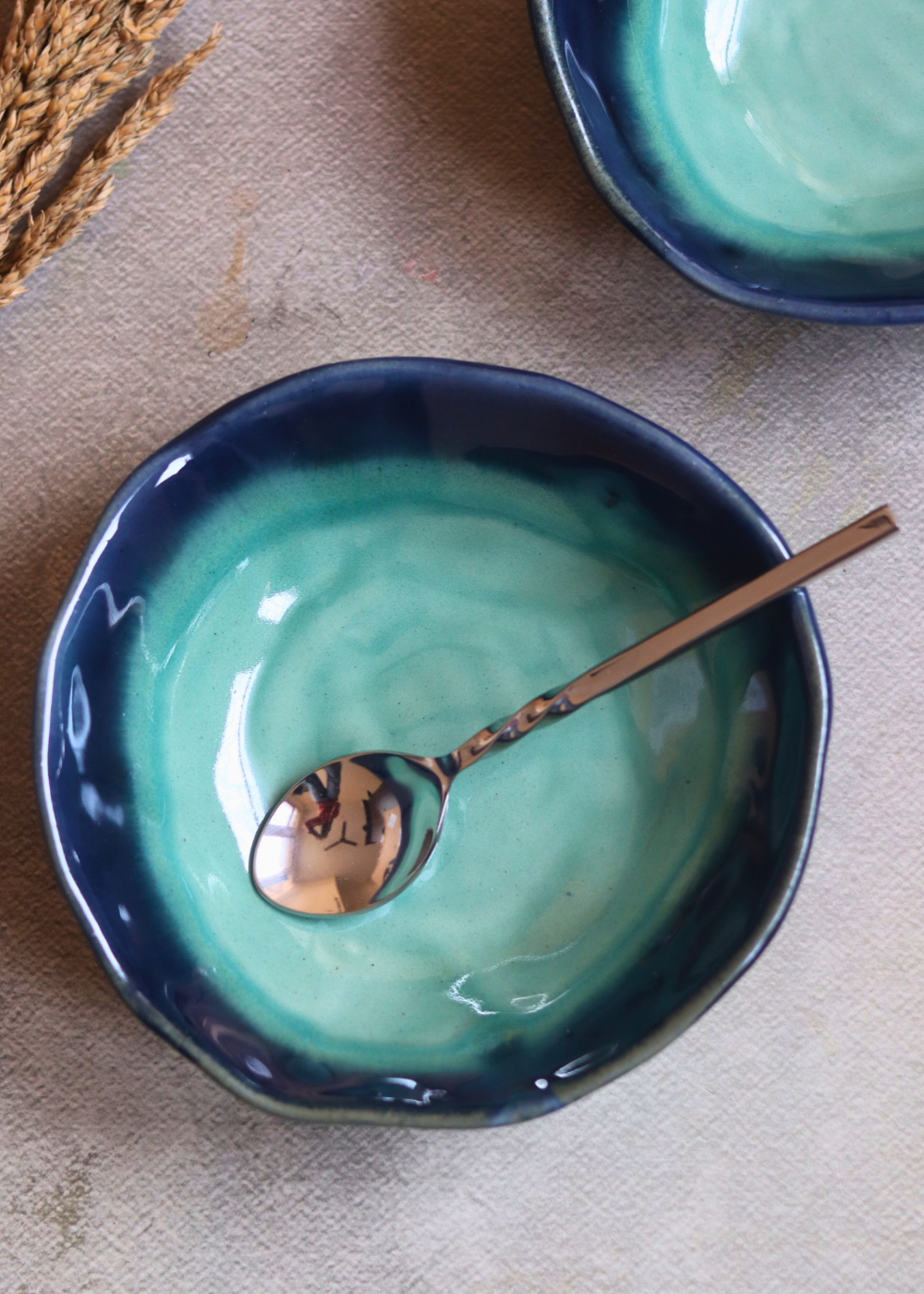 Handcrafted dinner bowls teal color