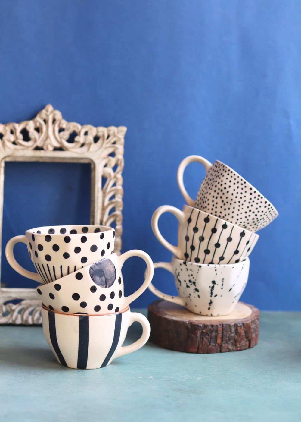 Set of 6 [Black&White] Handmade Mugs (For the price of 5) handmade in india