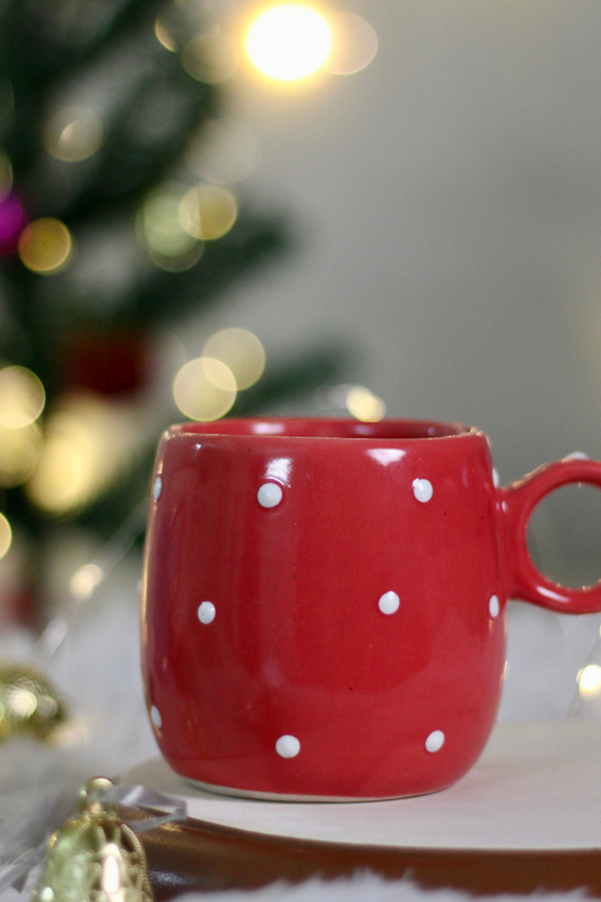 handmade red polka christmas tree mug with small polka design look like a snowfall