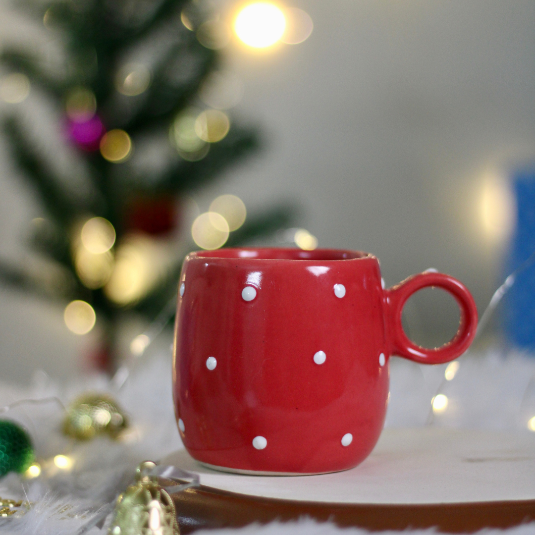 handmade red polka christmas tree mug with small polka design look like a snowfall