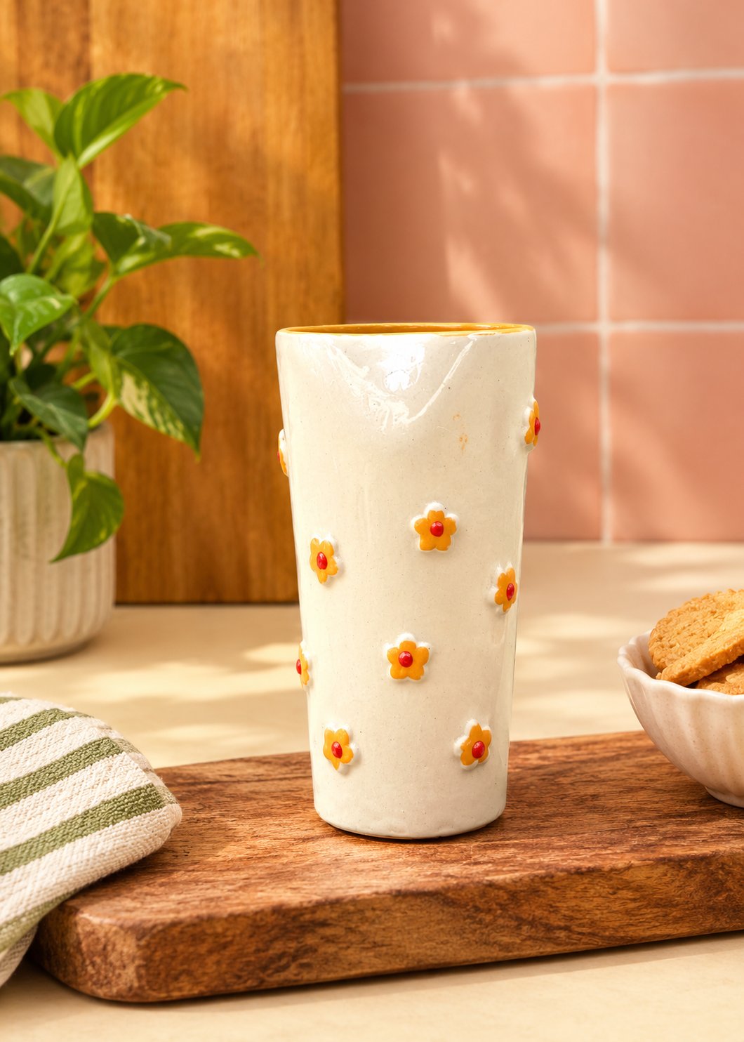 Set of 2 - Basic Popcorn Bowl & Yellow Spring Tumbler Combo handmade in India