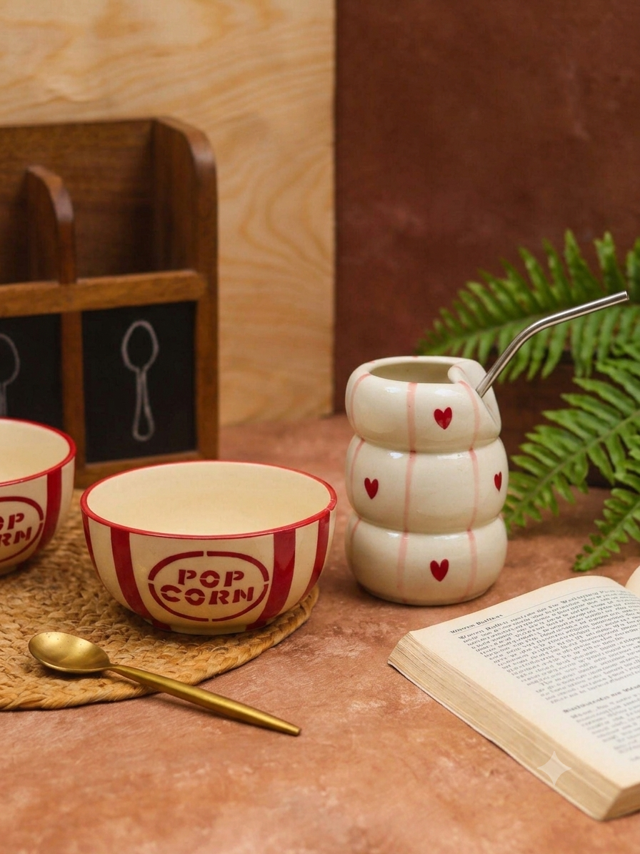 handmade Set of 2 - Popcorn Bowl & Heart Sipper Combo