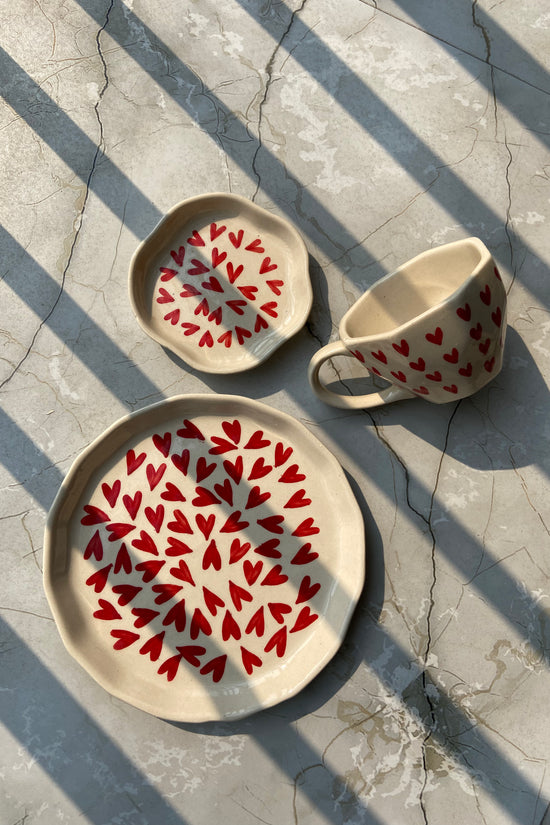 handmade all heart coffee mug, snack plate & dessert plate set of three