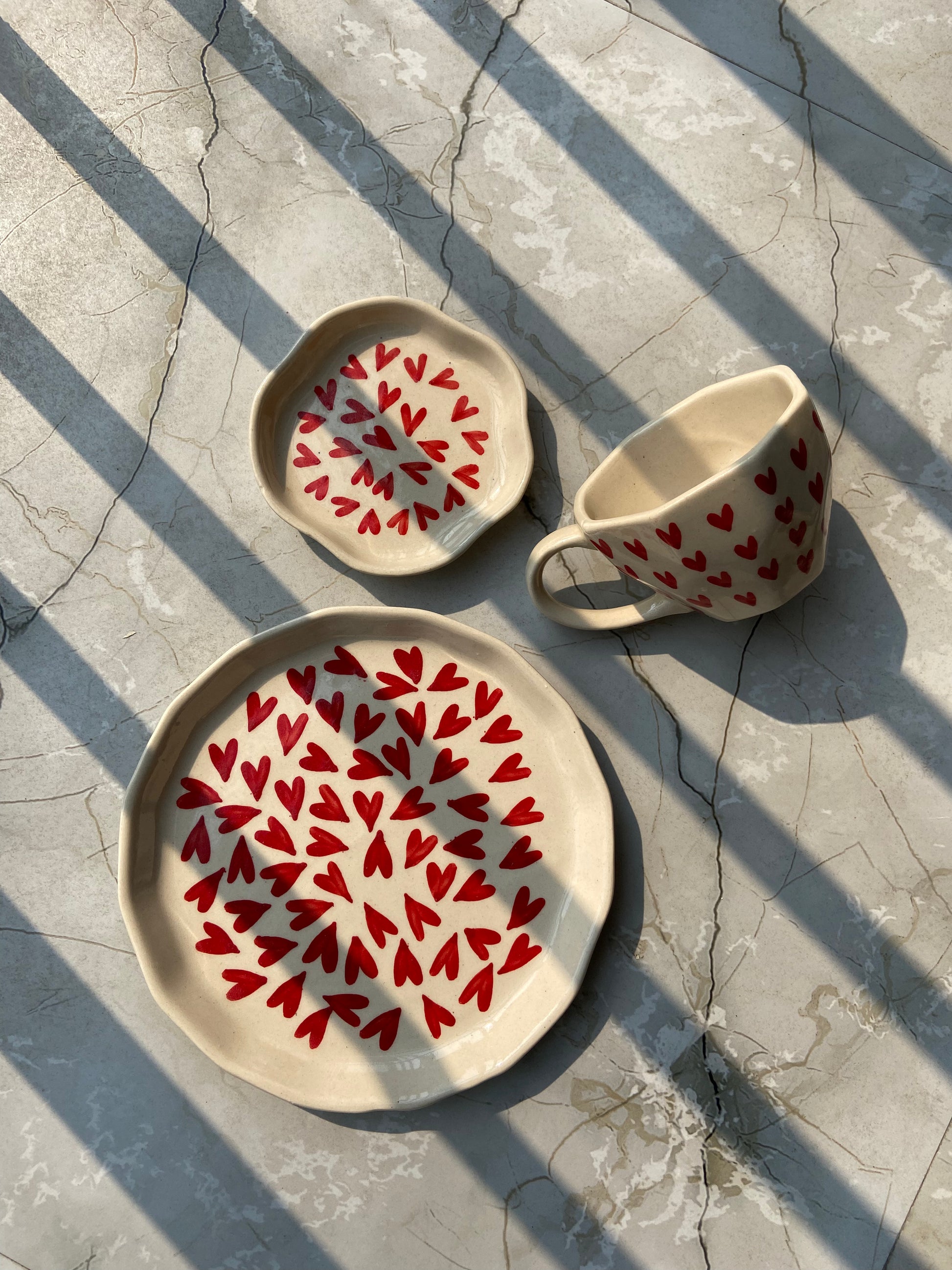 handmade all heart coffee mug, snack plate & dessert plate set of three