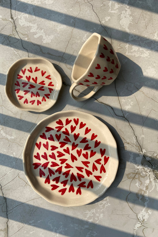 all heart mug, snack plate & dessert plate made by ceramic 