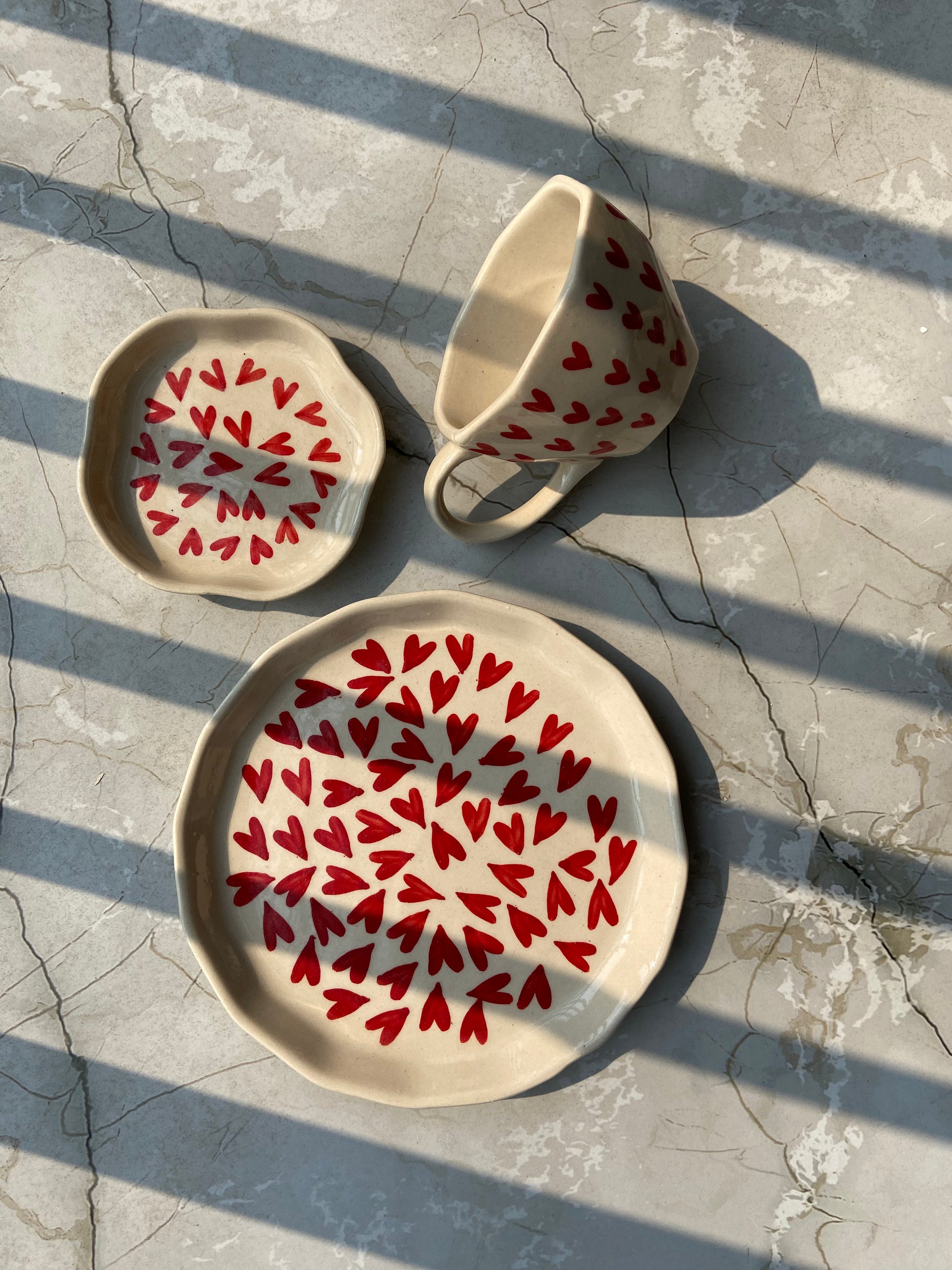 all heart mug, snack plate & dessert plate made by ceramic 