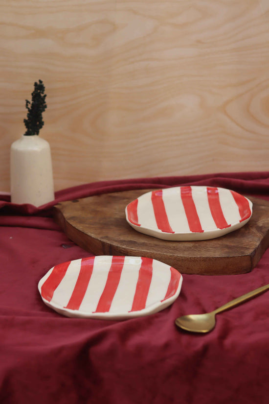 Red Striped Dessert Plate