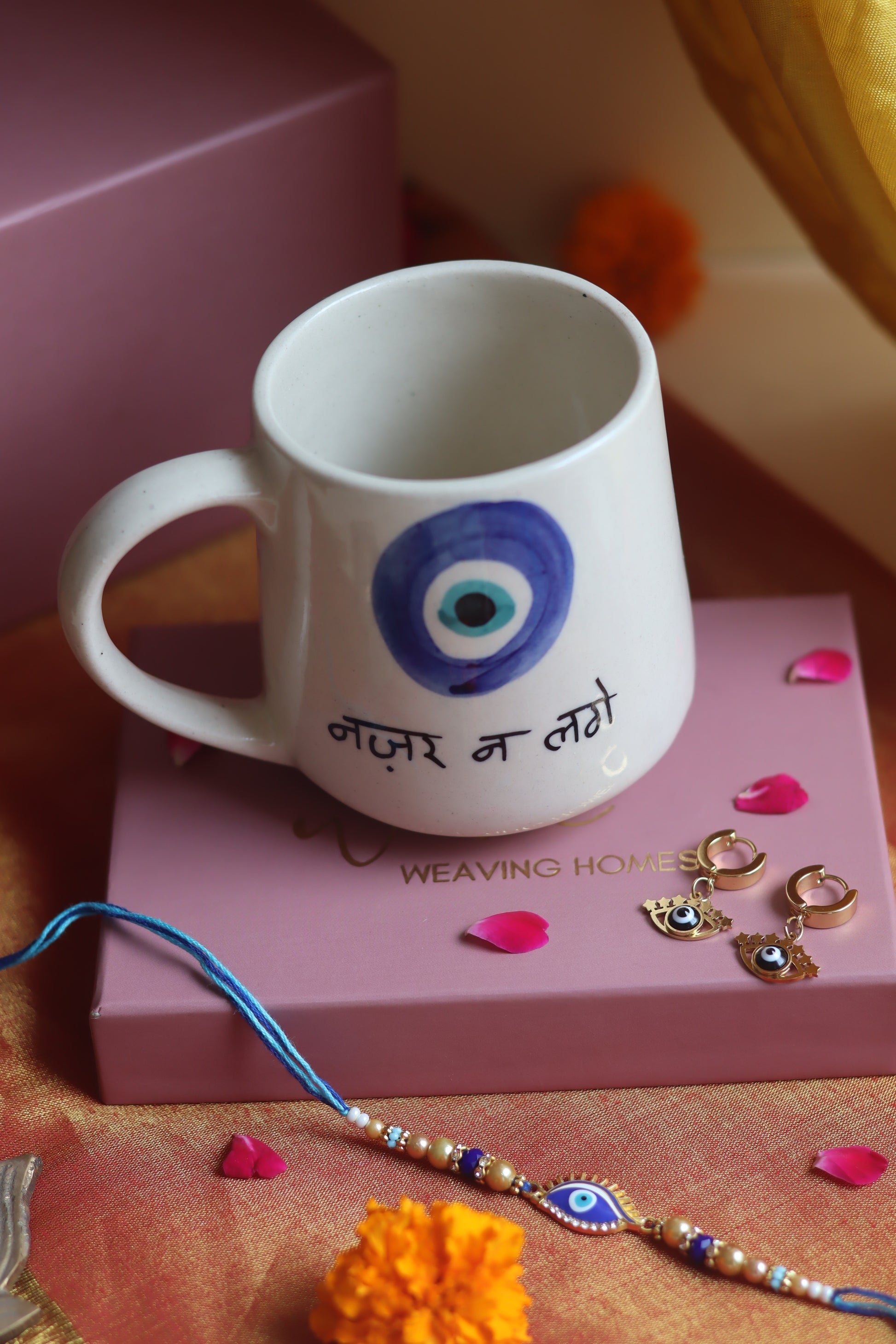 Rakhi Nazar Mug gift box with Rakhi & Earrings