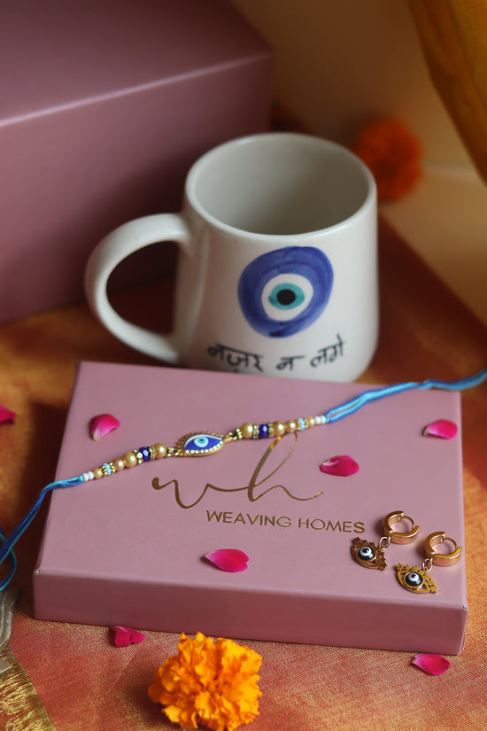 Rakhi Nazar Mug gift box with Rakhi & Earrings