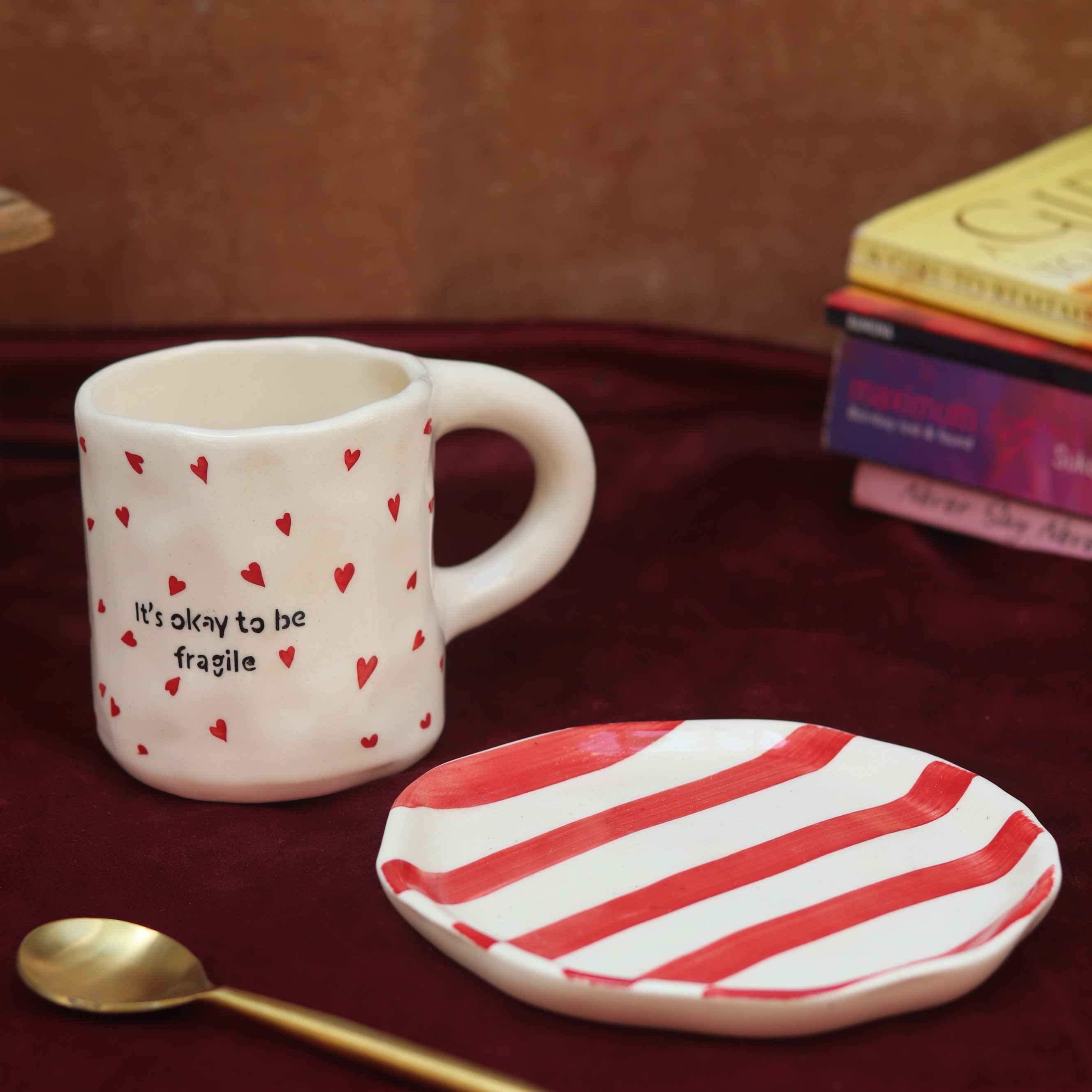 Set of 2 - Fragile Mug & Red Striped Dessert Plate