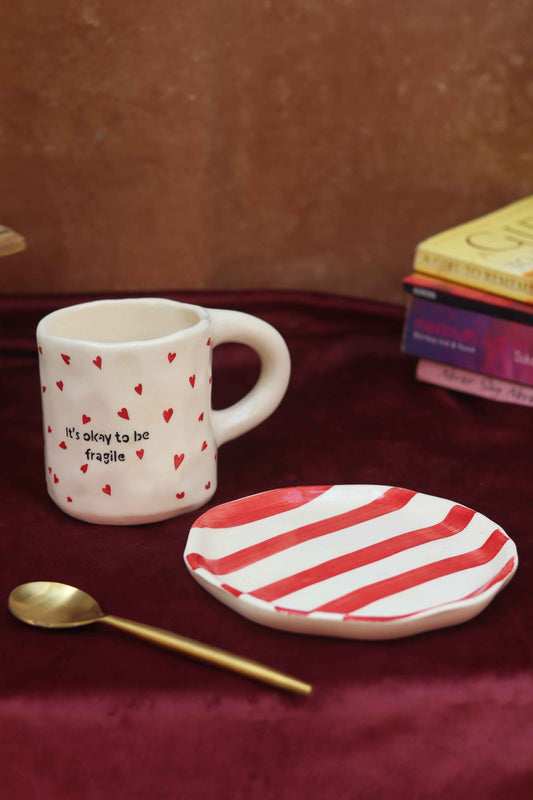 Set of 2 - Fragile Mug & Red Striped Dessert Plate