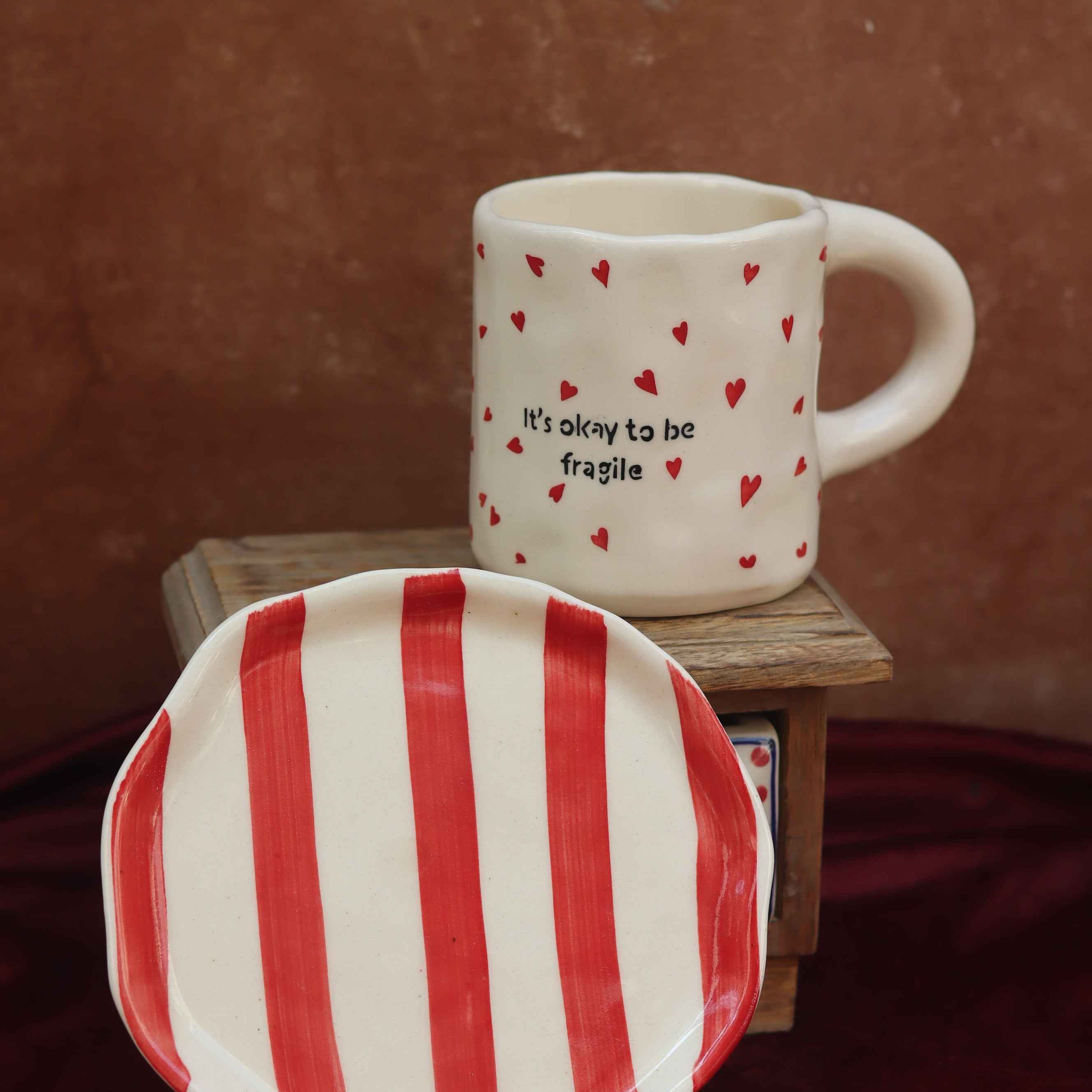Set of 2 - Fragile Mug & Red Striped Dessert Plate