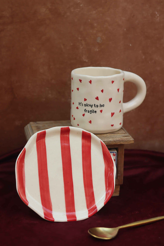 Set of 2 - Fragile Mug & Red Striped Dessert Plate