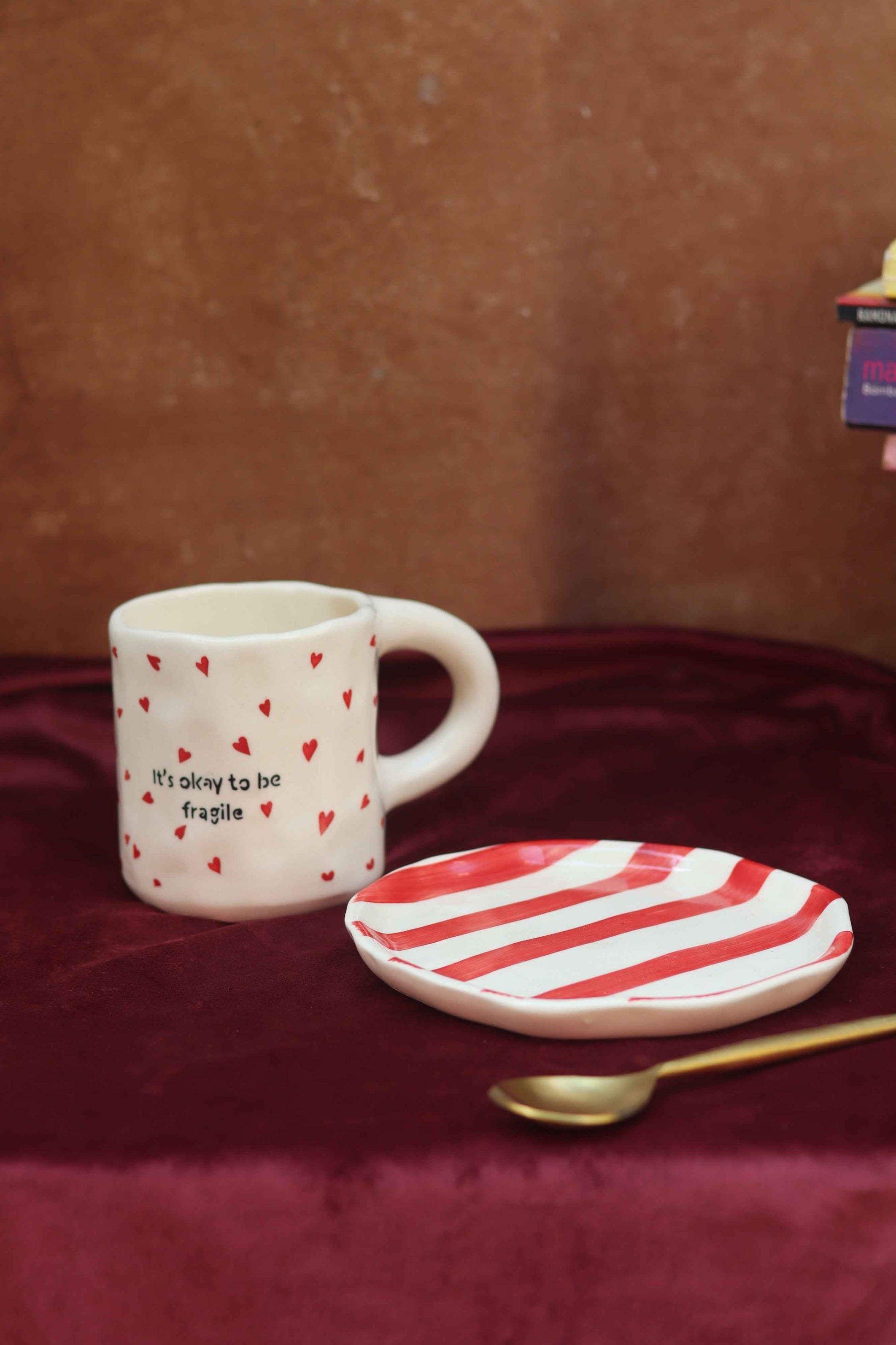 Set of 2 - Fragile Mug & Red Striped Dessert Plate
