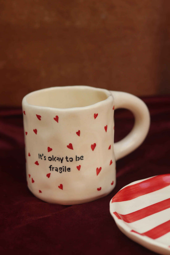 Set of 2 - Fragile Mug & Red Striped Dessert Plate