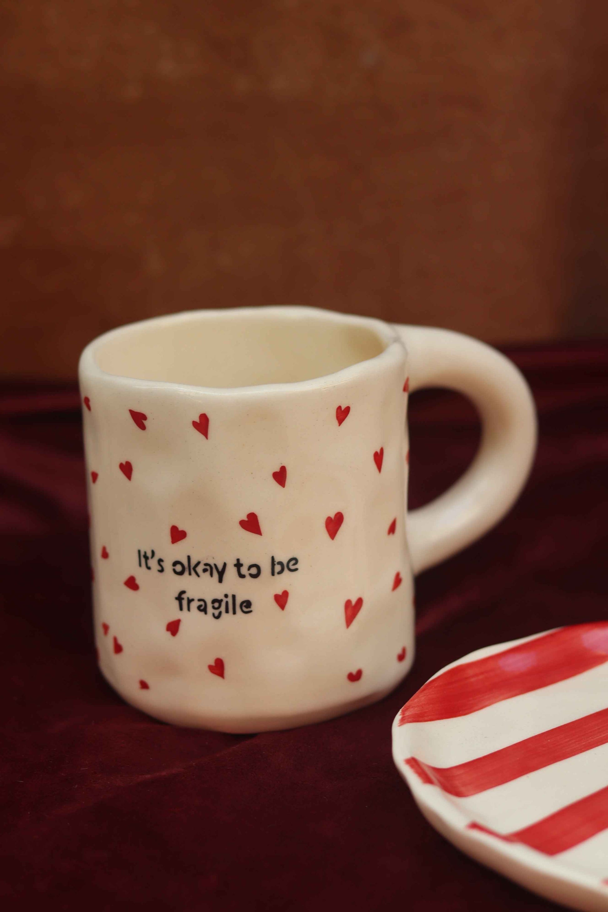 Set of 2 - Fragile Mug & Red Striped Dessert Plate