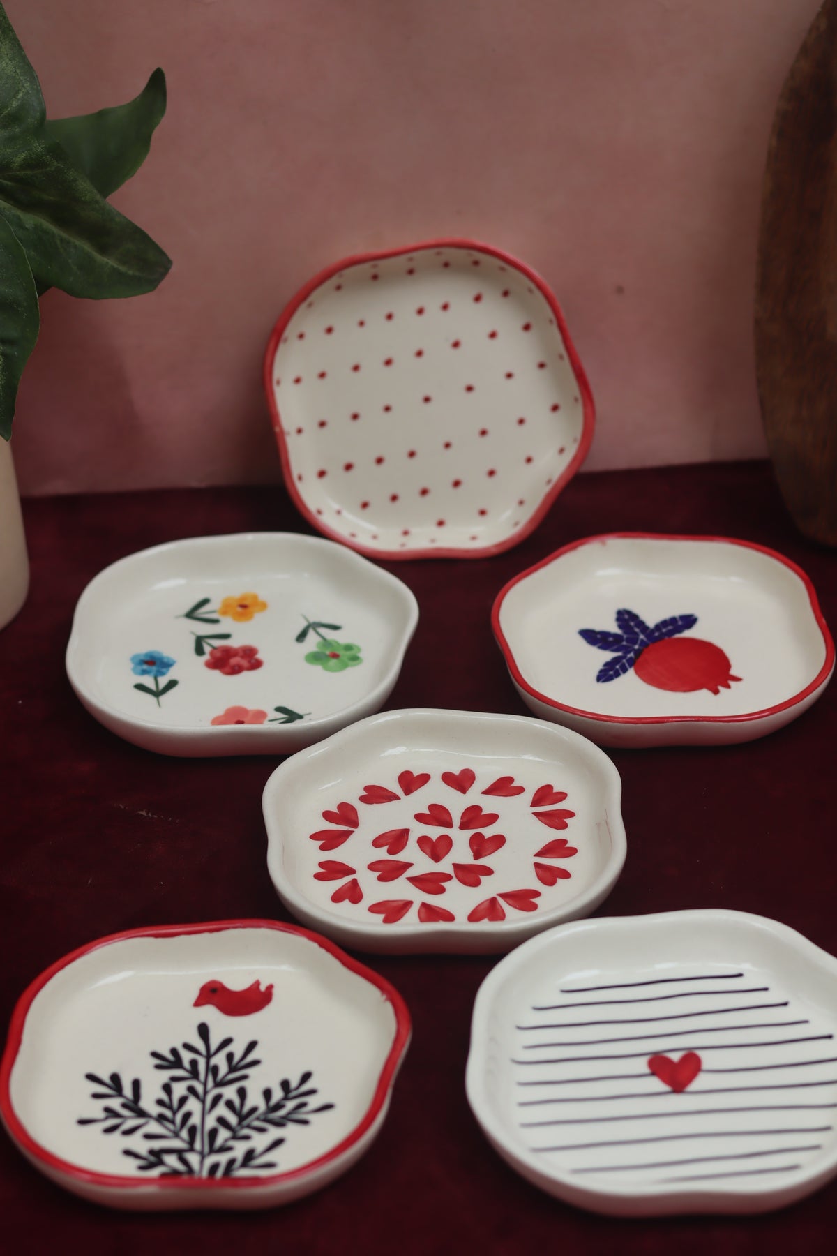 Set of 6 {red & black) handmade dessert plates (For the price of 5) handmade in india