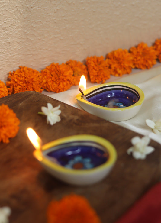 Set of 4 - Blue Yellow Floral Diya