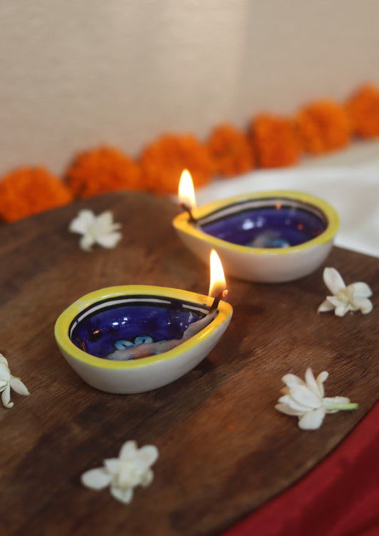 Set of 4 - Blue Yellow Floral Diya