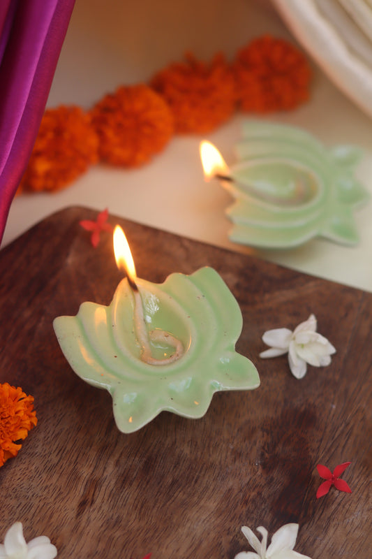 Set of 4 - Green Lotus Diya