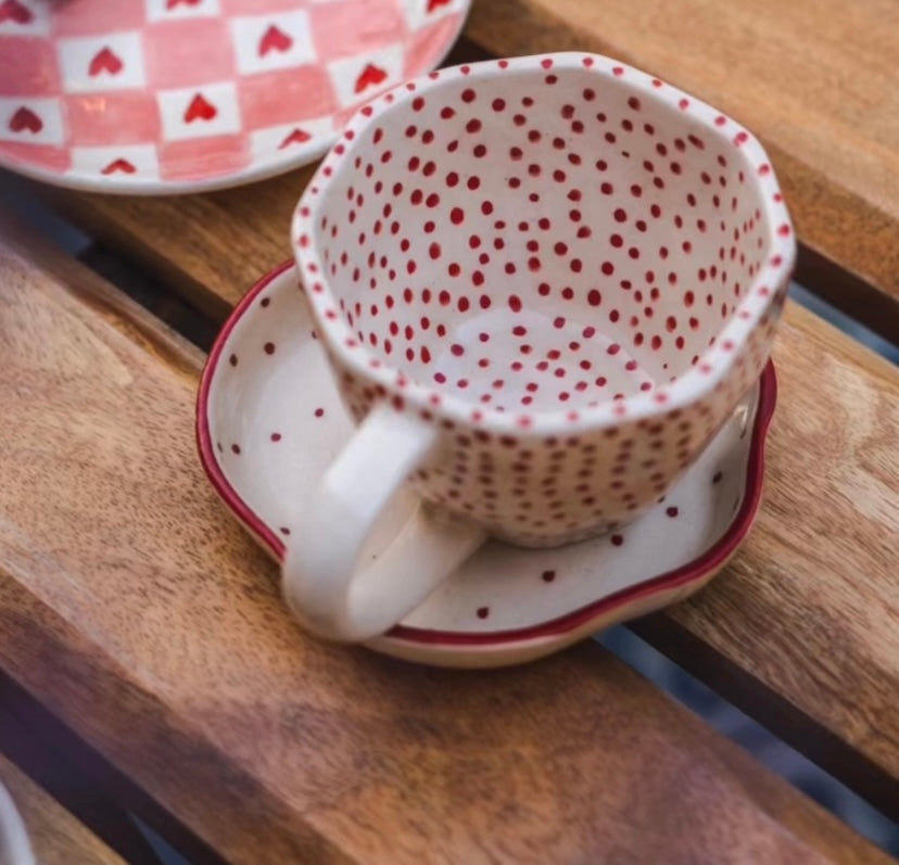 handmade red polka mug with dessert plate  
