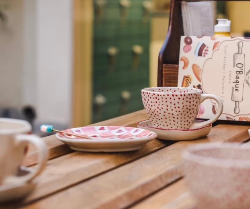 handmade red polka mug & dessert plate with small polka design
