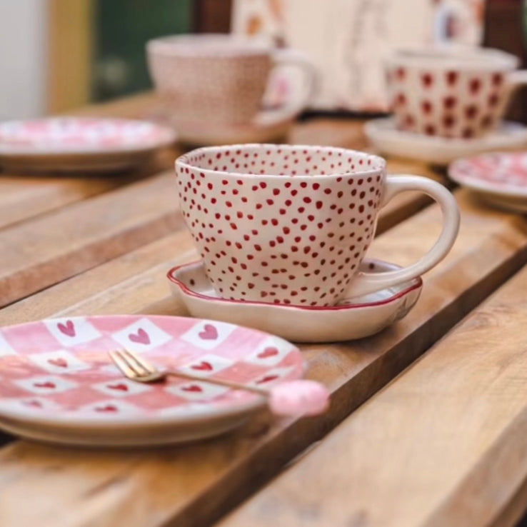 handmade red polka mug & dessert plate made by ceramic 